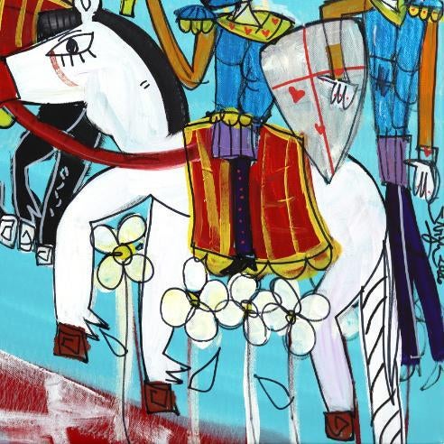 l'Esercito - Original Colorful Cubist Figurative Mixed Media Acrylic Painting on Canvas For Sale - Image 4 of 9