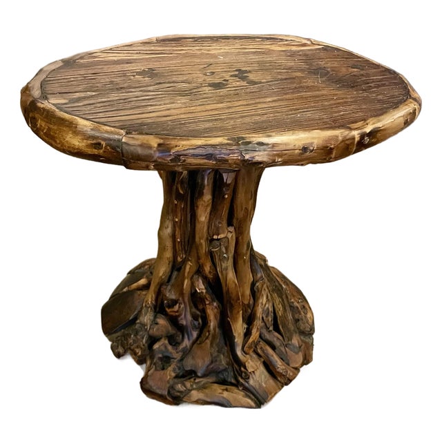 Late 20th Century Small Rustic Root Base Oval Side Table Cabin Cottage For Sale