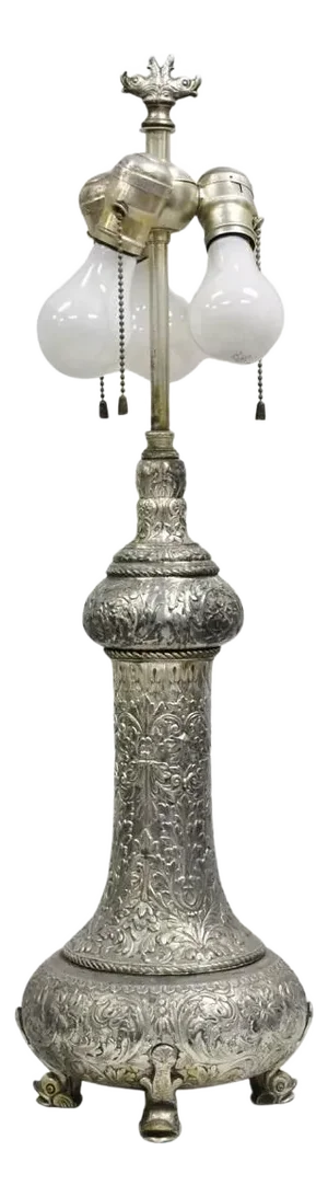 Antique English Victorian Silver Gilt Pewter Table Lamp With Regency Dolphin Feet