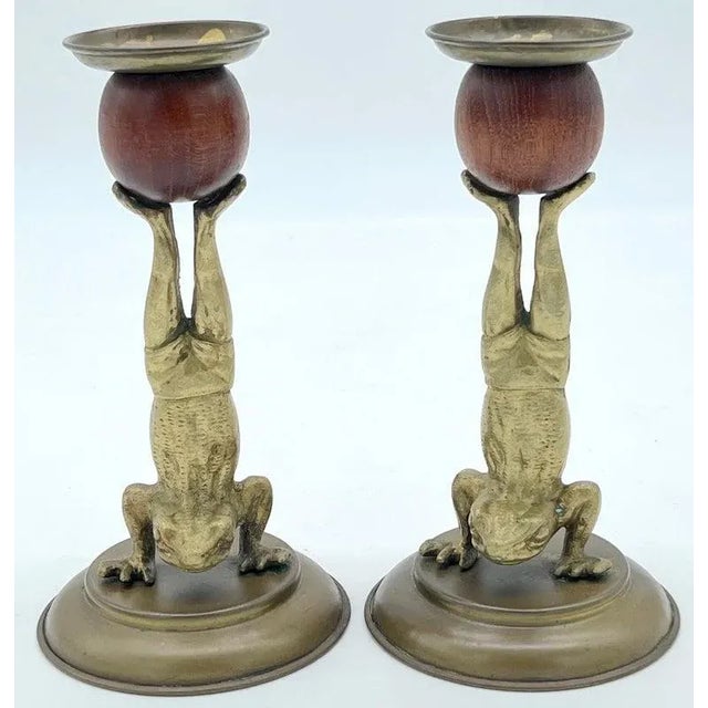 Arthur Court Acrobatic Frog Brass & Wood Candlesticks by Arthur Court, 1979 - a Pair For Sale - Image 4 of 9