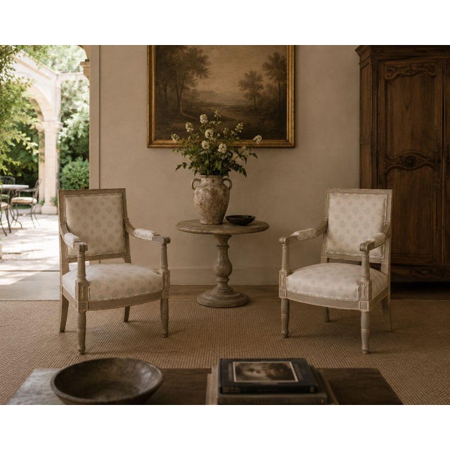 Gustavian, Lounge Chairs, Grey Paint Decorated, Fabric, Sweden, 19th c. Pair of 19th century Swedish paint decorated...