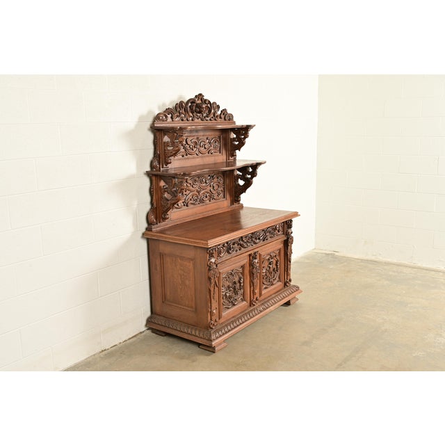 R. J. Horner & Co. Alexander Roux Style French Renaissance Revival Carved Oak Sideboard or Bar Cabinet, Circa 1890s For Sale - Image 4 of 17