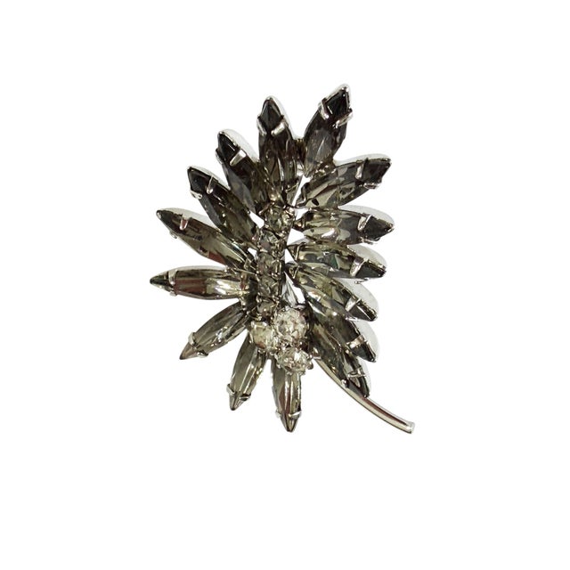 Mid-Century Modern Vintage White Gold Tone Rhinestone Brooch Floral Leaf Cluster Pin W/Faux Marquise Crystal For Sale - Image 3 of 6