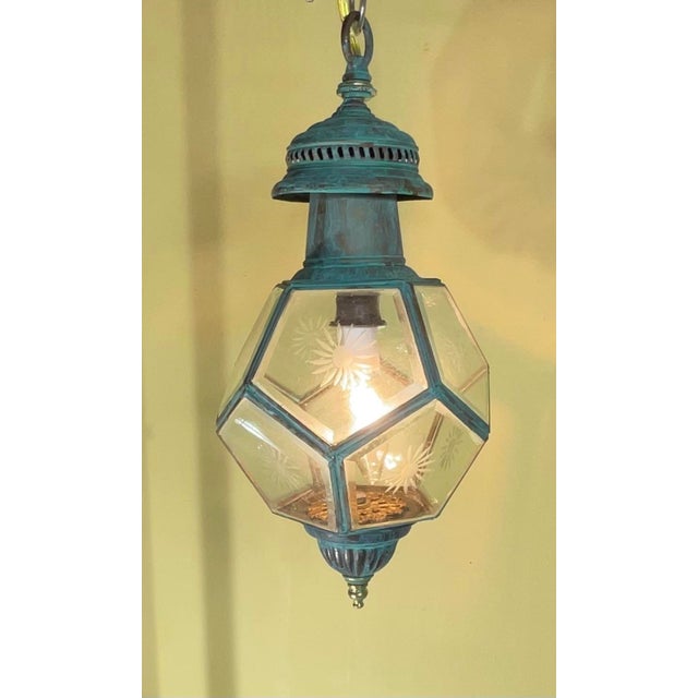 American Antique English Solid Brass & Glass Starburst Hanging Lantern - Pendant For Sale - Image 3 of 14