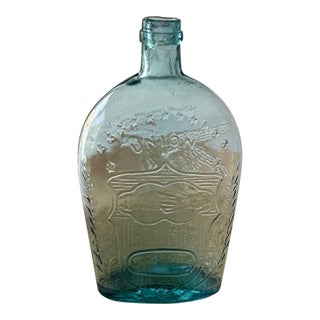 19th Century Aqua Blue Union Clasped Hands Eagle Flask Bottle 1800’s. 8.75”Hx5.25”Wx2.5”D For Sale