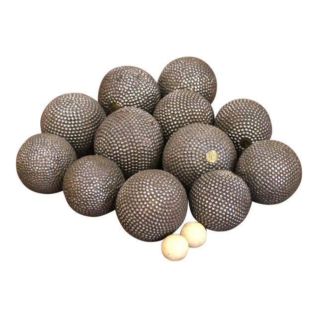 19th Century Set of 12 French Nail-Studded Boules With 2 Wooden Cochonnets For Sale