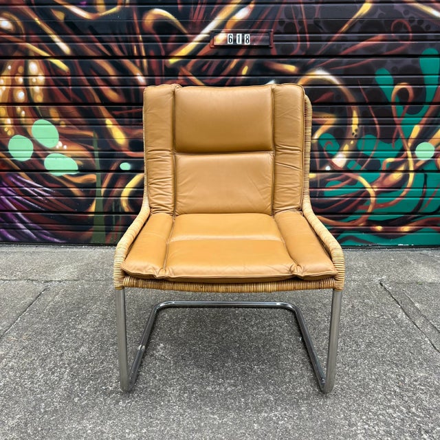 Mid-Century Modern Leather and Rattan Chrome Cantaliver Side Chair Office For Sale - Image 3 of 12