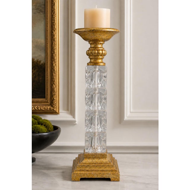 Vintage Hollywood Regency Gold and Clear Acrylic Pillar Candle Holder For Sale - Image 6 of 6