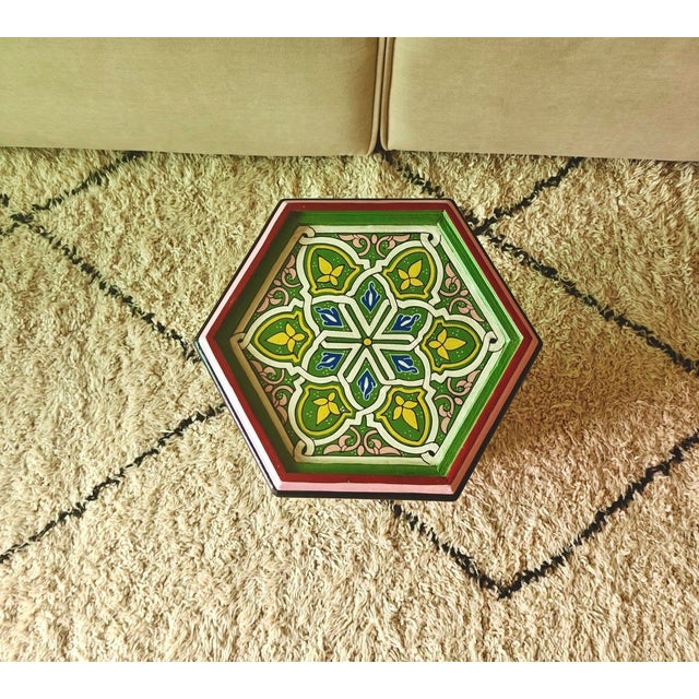 2020s Moroccan Hexagonal Hand Painted Wooden Side Table in Green Color For Sale - Image 5 of 5