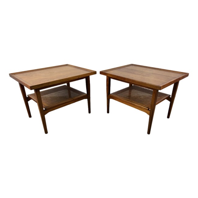 Mid-Century Walnut and Cane Drexel Declaration End Tables by Kipp Stewart For Sale