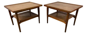 Mid-Century Walnut and Cane Drexel Declaration End Tables by Kipp Stewart