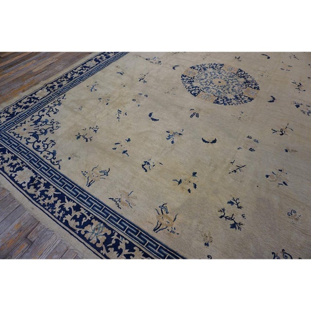 1920s Beige Field Classic Greek Key Antique Chinese Peking Room Size Knotted Rug For Sale - Image 10 of 10