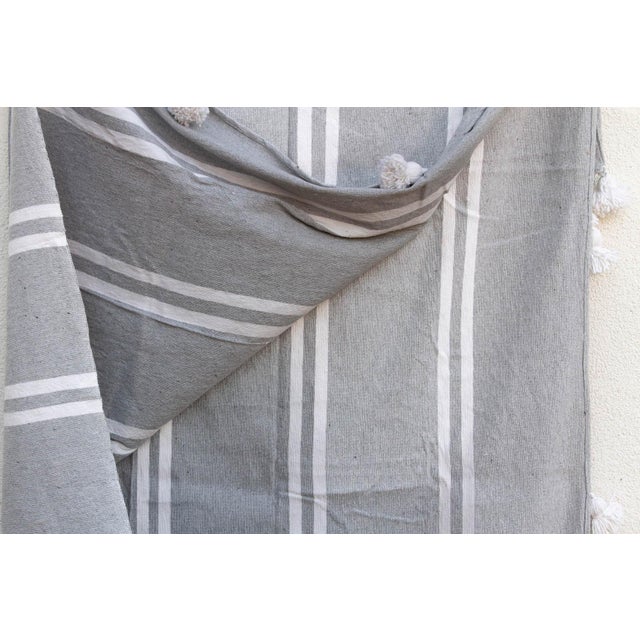Dove Grey Striped Moroccan Pom Pom Blanket For Sale In Los Angeles - Image 6 of 7