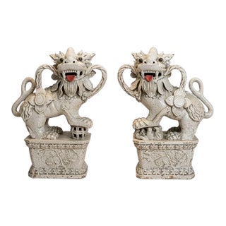 Mid-Century Large Scale Chinese Export Foo Dog Ceramic Pottery Figurines - Set of 2 For Sale