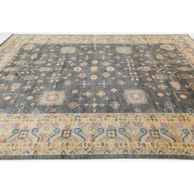 2020s Modern Khotan Style Charcoal Grey & Gold Handmade Wool Rug 10x14 For Sale - Image 5 of 12