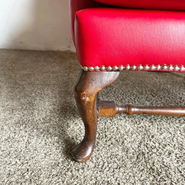 Wood Traditional Red Faux Leather Wingback Chairs - a Pair For Sale - Image 7 of 11