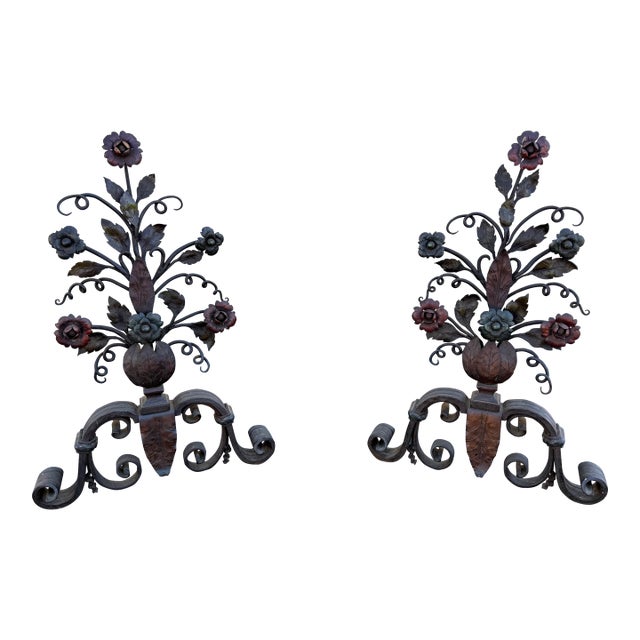 Pair of 19th Century Italian Wrought Iron Floral Andirons With Scroll Legs For Sale