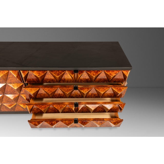 Rare Brutalist Space Age Sculptural Diamond Faced 8-Drawer Dresser / Sideboard W/ Leather Top, Italy, C. 1970s For Sale - Image 9 of 16