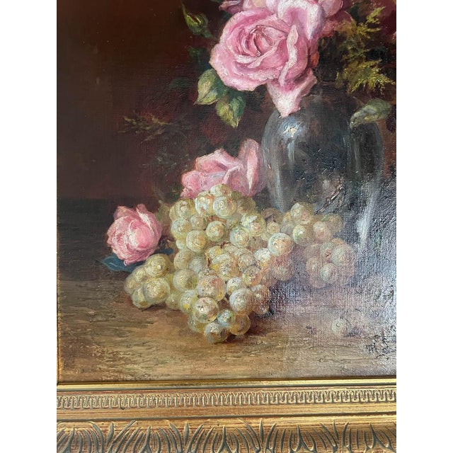 Antique French Floral Pink Roses Oil Still Life Painting For Sale - Image 4 of 8