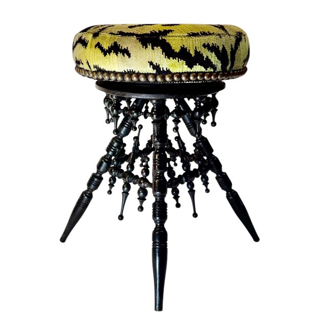 Mid 19th Century Victorian Black Wood Stool Upholstered in Scalamandré Tiger Velvet For Sale In Tampa - Image 6 of 8