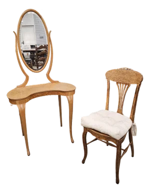 Edwardian Birdseye Maple Mirrored Vanity With Side Chair - Set of 2