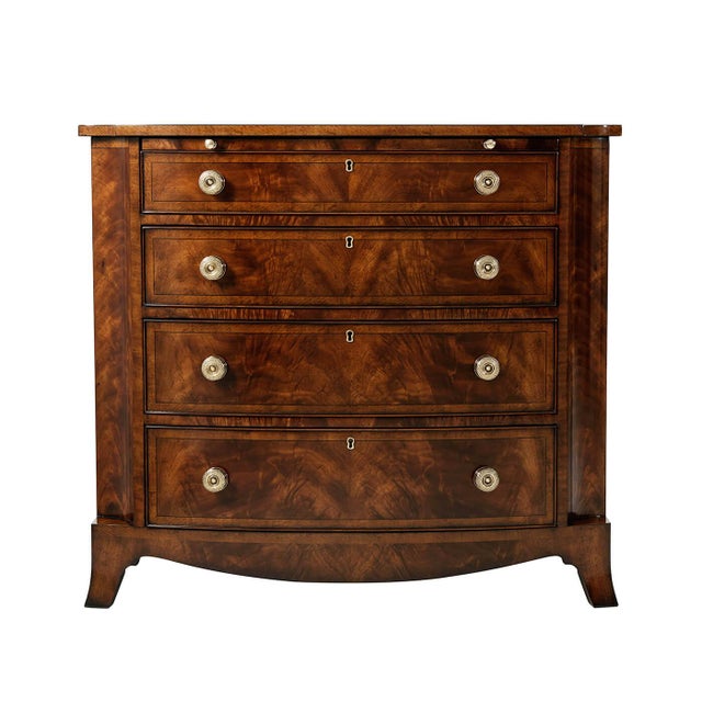 A figured mahogany chest of drawers, the bowfront satinwood crossbanded top with concave corners and uprights, above a...