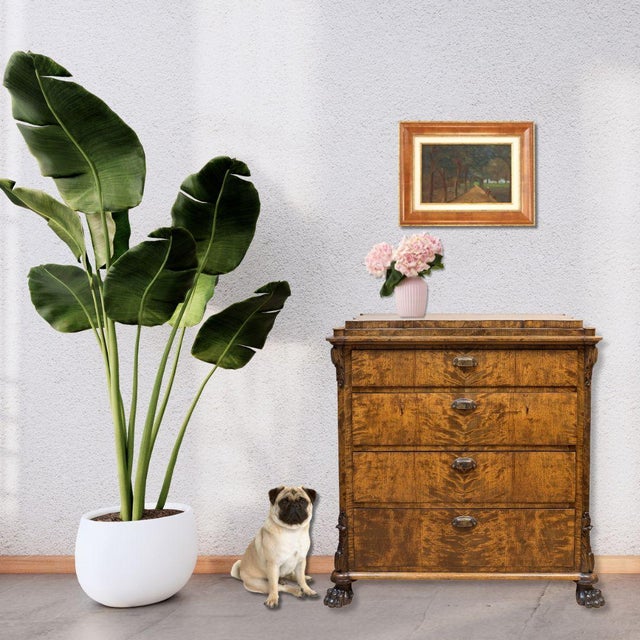 Antique oil on board depicting a shaded country path lined with tall trees, their branches forming a natural canopy...