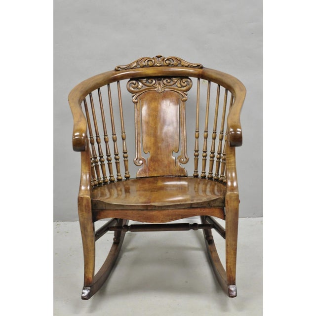 Antique American Victorian Carved Walnut Spindle Back Rocker Rocking Chair (Refinished). Circa Late 19th Century....