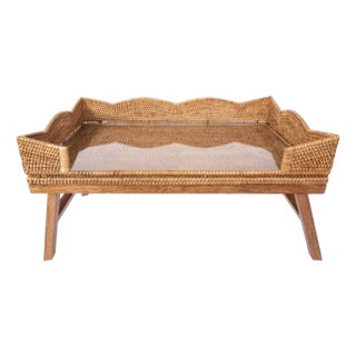 Artifacts Rattan Scallop Design Breakfast Tray with Wooden Legs with Glass insert, Honey Brown For Sale
