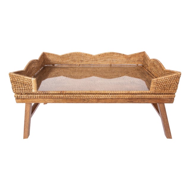 Artifacts Rattan Scallop Design Breakfast Tray with Wooden Legs with Glass insert, Honey Brown For Sale