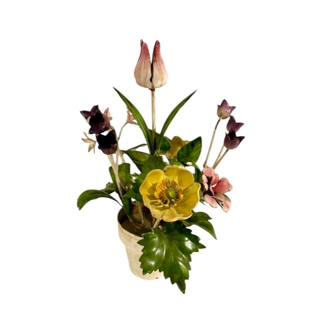 Hollywood Regency Vintage Italian Tole Potted Flowers / Floral Toleware Arrangement Sculpture With Tulip, Buttercup and Lily Blooms For Sale - Image 3 of 7