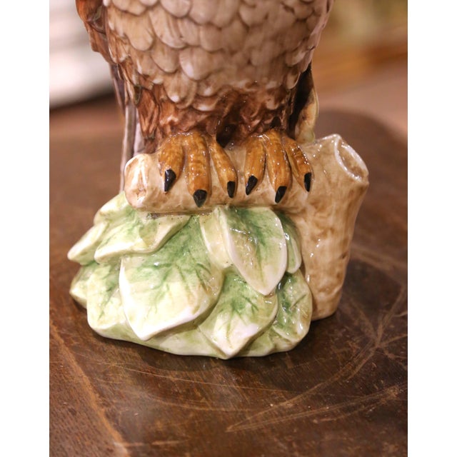 Mid 20th Century Mid-Century Italian Hand Painted Glazed Ceramic Owl Sculpture With Foliage Base For Sale In Dallas - Image 6 of 9