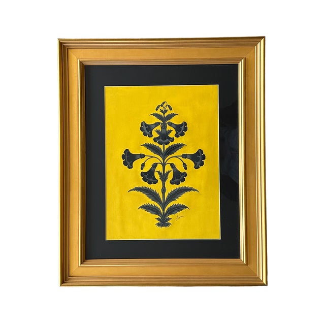 Original Floral Jaipur Motif Painting on Paper, Gold Leaf Frame Chairish