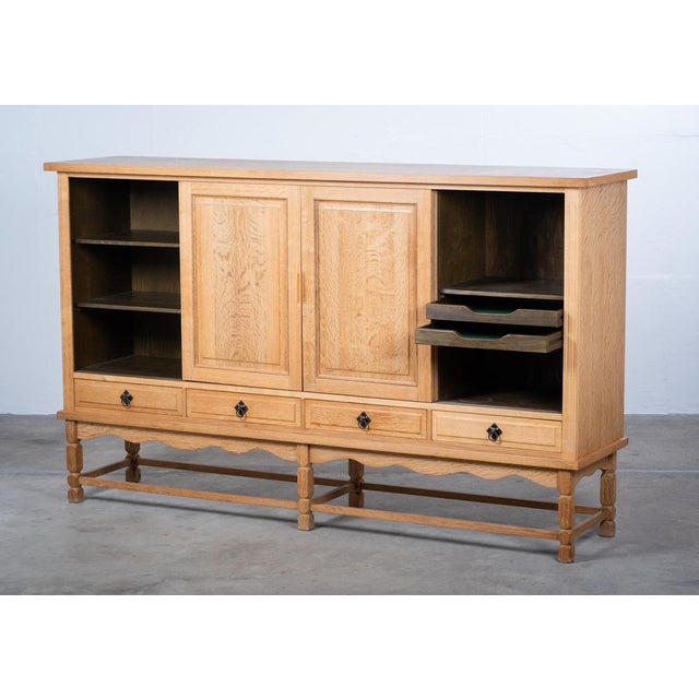 Gold Brutalist Oak Sideboard attributed to Henning Kjærnulf, Denmark, 1960s For Sale - Image 8 of 18