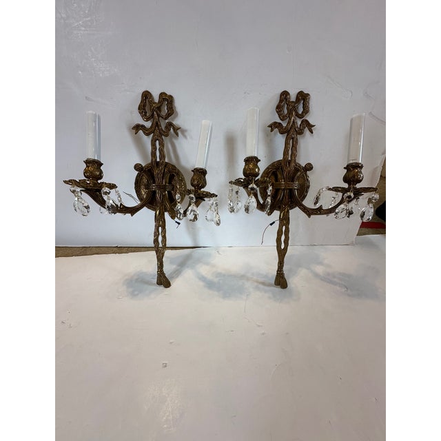 1950s Vintage Brass and Crystal Wall Sconces -a Pair For Sale - Image 5 of 10
