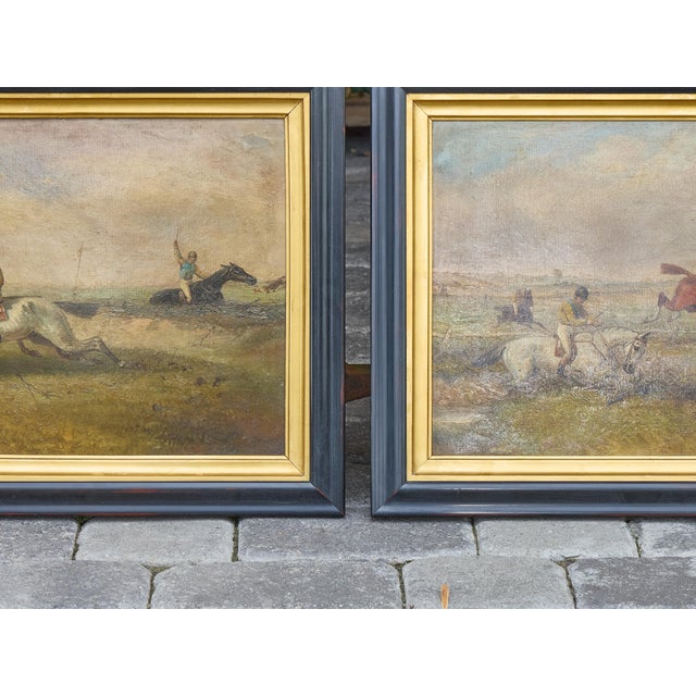 Mid 20th Century Pair of British Steeplechase Horse Racing Paintings on Board, Framed For Sale - Image 9 of 12