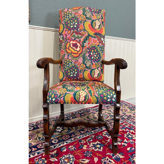 Antique Pair of Catalan Style Carved Oak Recently Upholstered Armchairs C. 1920s For Sale - Image 14 of 18