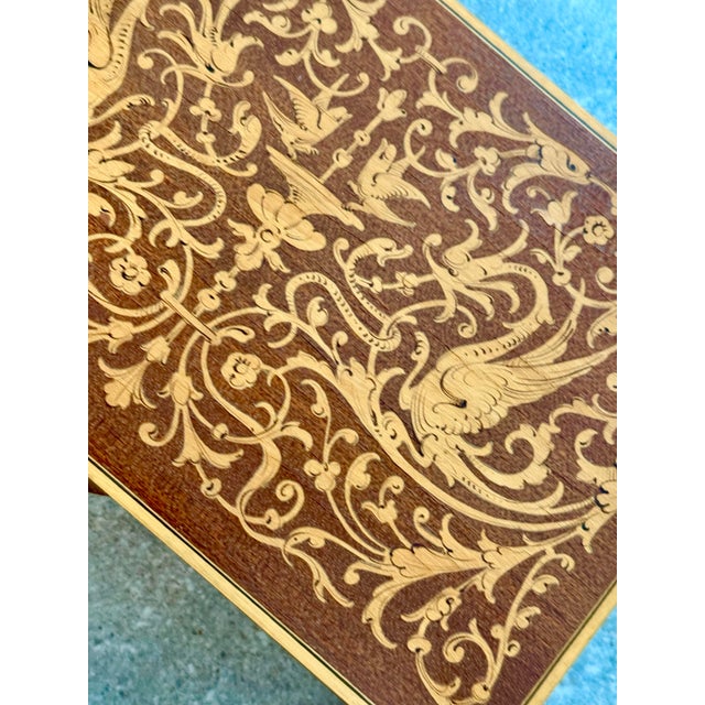 Hollywood Regency A Trio of Vintage Italian Marquetry Wood Inlay Trinket Boxes With Highly Detailed, Mirror-Image Arabesque Scrolls & Phoenixes For Sale - Image 3 of 12
