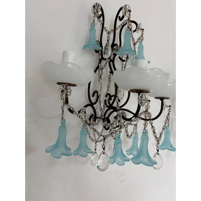 C 1930 Aqua Blue Murano Bell Flowers Crystal Prisms Sconces One of a Kind For Sale - Image 10 of 11