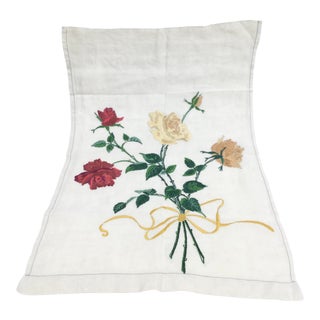 Antique Pure Linen Rose Hand Embroidered Tea Towel Remnant For Sale