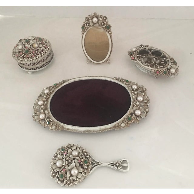 Charming 5 pc. Jeweled vanity set including dresser tray, lipstick holder, frame and covered box. Circa 1960s.