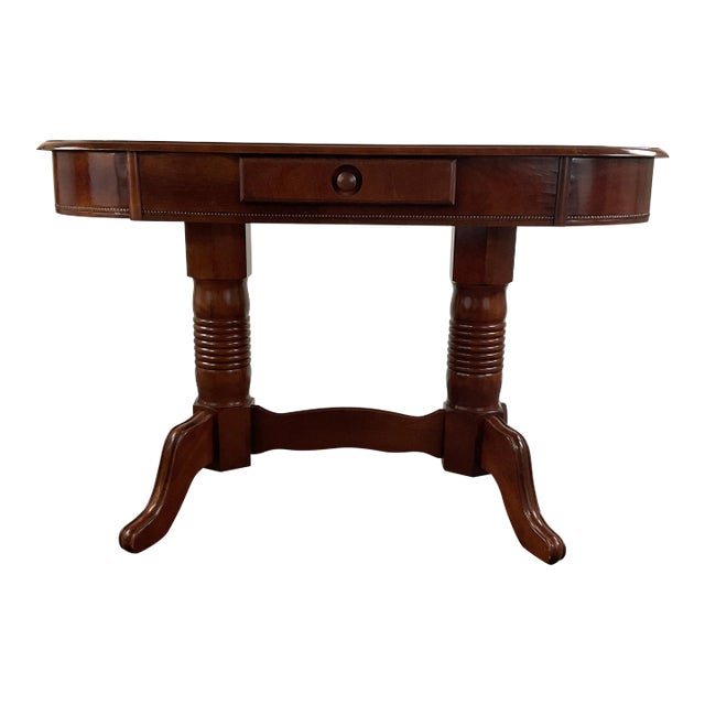 1980s Vintage Hollywood Regency Cherry Trestle Console Table With Front Drawer. For Sale