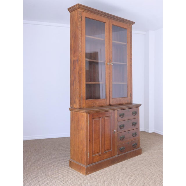 Antique English Oak Glazed Bookcase | Circa 1910 For Sale - Image 4 of 12