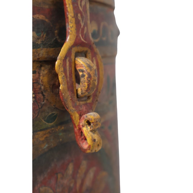 Antique Indonesian Handcrafted Metal Storage Vessel With Hand-Painted Floral Cartouches & Ornamental Hardware For Sale - Image 10 of 18