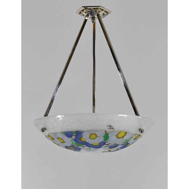 Loys Lucha French Art Deco Pendant Light 1930s - Blue White Floral Enameled Bowl For Sale - Image 4 of 13