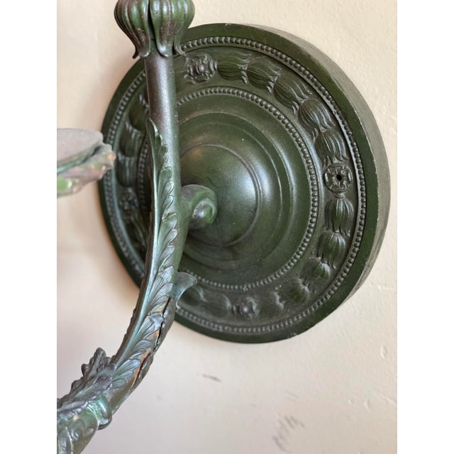 1910s Fabulous Pair of Large Beau Arts Acanthus Leaf Pattern Wall Scones in Original Old Green Paint, Circa 1910 For Sale - Image 5 of 10