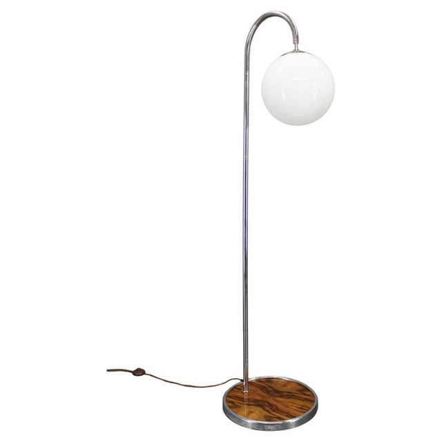 Art Deco Chrome Floor Lamp with Milk Glass Globe and Walnut Base, Former Czechoslovakia, 1930s For Sale - Image 13 of 13