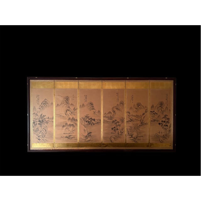 Early 20th Century Japanese Chinese Asian Calligraphy Hand Painted Six Panel Paper Screen Folding Byobu For Sale - Image 14 of 15