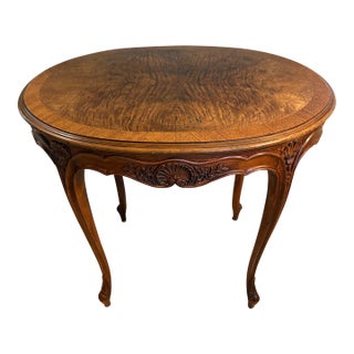 Vintage French Louis XV Style Carved Walnut Oval Side Table With Shell & Floral Motif For Sale