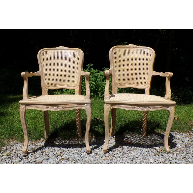 Vintage Pair Harris Marcus Italian Double Cane Arm Chairs Carved Accent Chairs For Sale - Image 4 of 18
